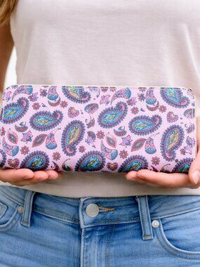 Pink Paisley Print Zip Wallet Clutch Easy to Hold and Carry 8 x4" - Hey Viv